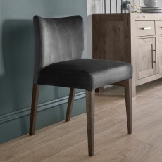 Pair of Turin Dark Oak Low Back Upholstered Chairs (Gun Metal Velvet) by Bentley Designs