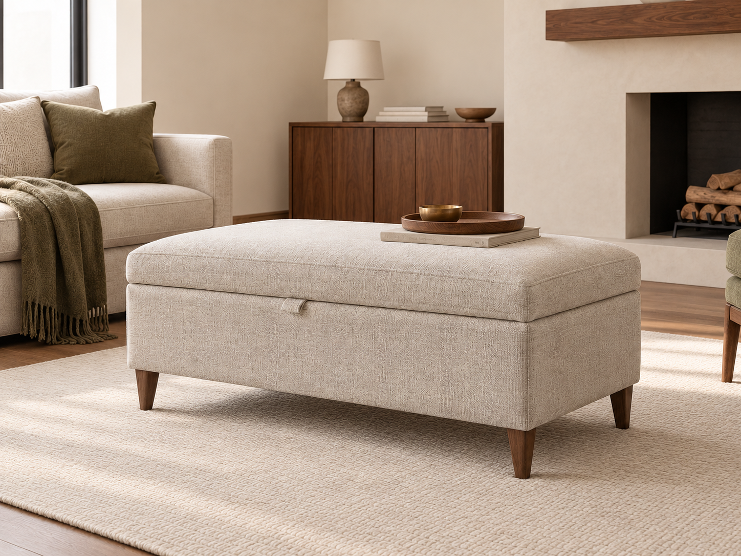 Oatmeal upholstered storage footstool