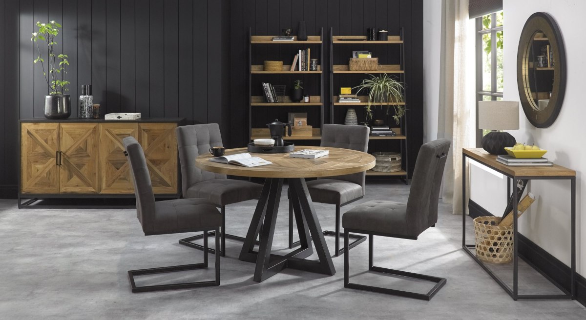 Indus Rustic Oak 4 Seater Circular Table & 4 Indus Cantilever Chairs Set by Bentley Designs Indus Rustic Oak 4 Seater Circular Table & 4 Indus Cantilever Chairs Set by Bentley Designs