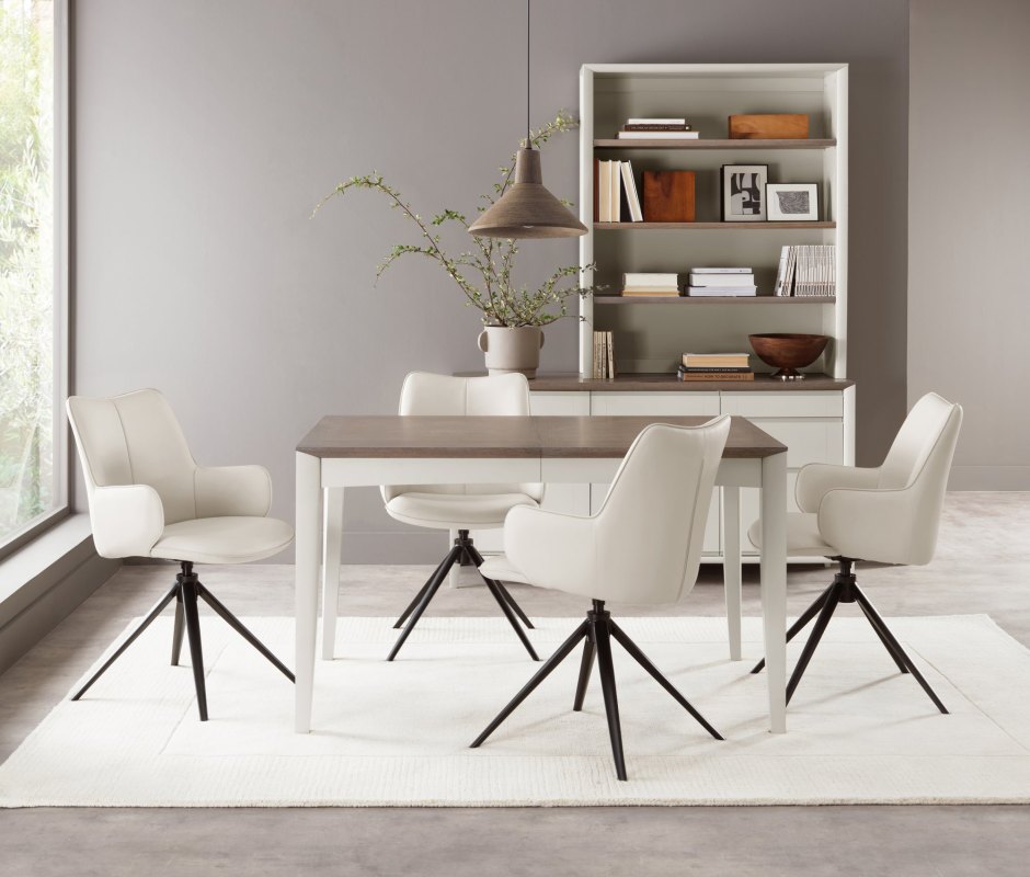 Rowan 360 Degree Self-Returning Swivel Chair - Ivory Faux Leather and Black Legs (Single) Rowan 360 Degree Self-Returning Swivel Chair - Ivory Faux Leather and Black Legs (Single)