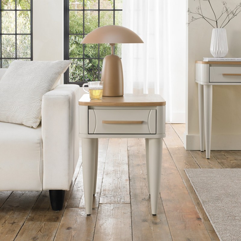 Larsen Scandi Oak and Soft Grey Lamp Table with Drawer by Bentley Designs Larsen Scandi Oak and Soft Grey Lamp Table with Drawer by Bentley Designs