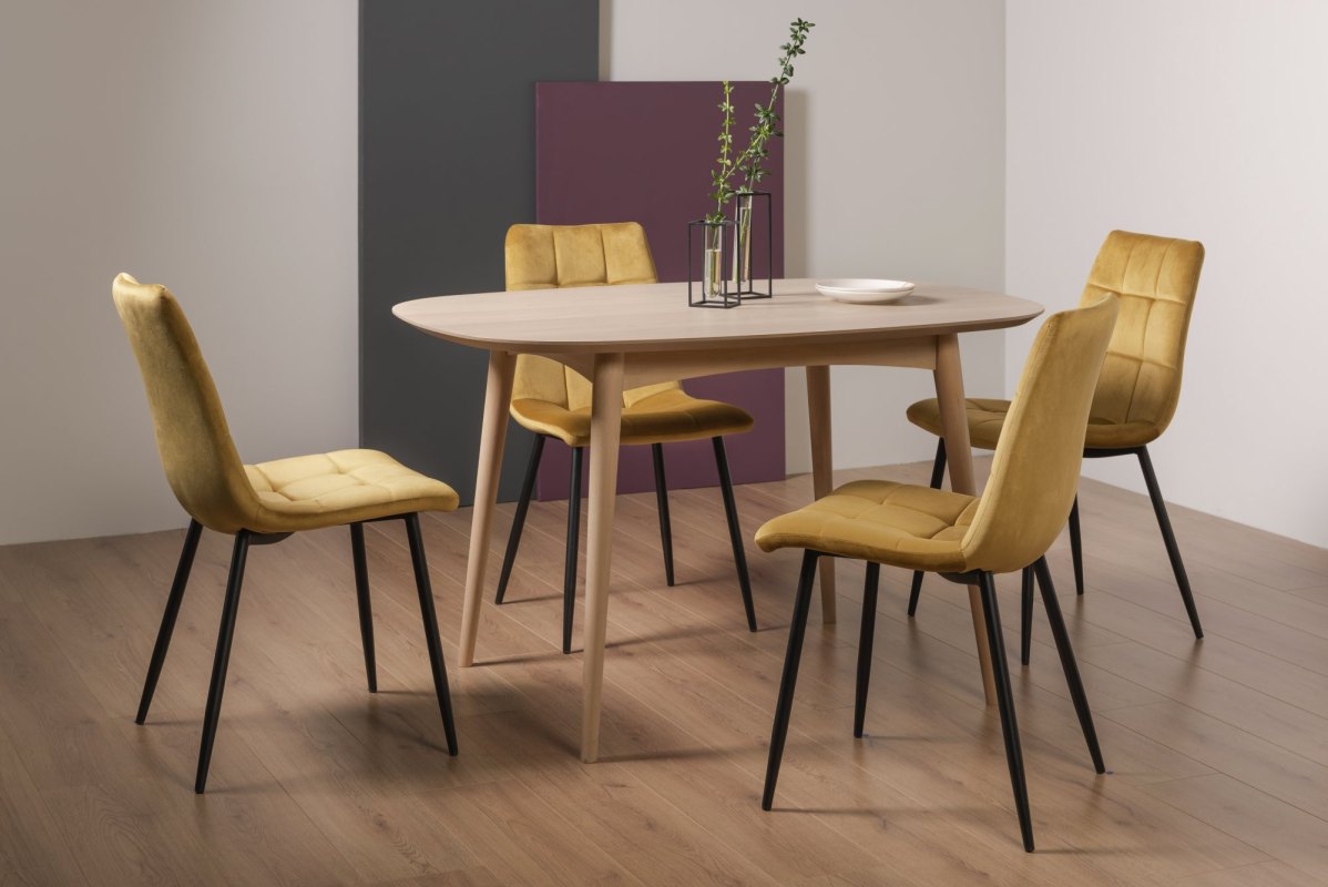 Dansk Scandi Oak 4 Seater Table and 4 Mondrian Mustard Velvet Chairs Dansk Scandi Oak 4 Seater Table and 4 Mondrian Mustard Velvet Chairs