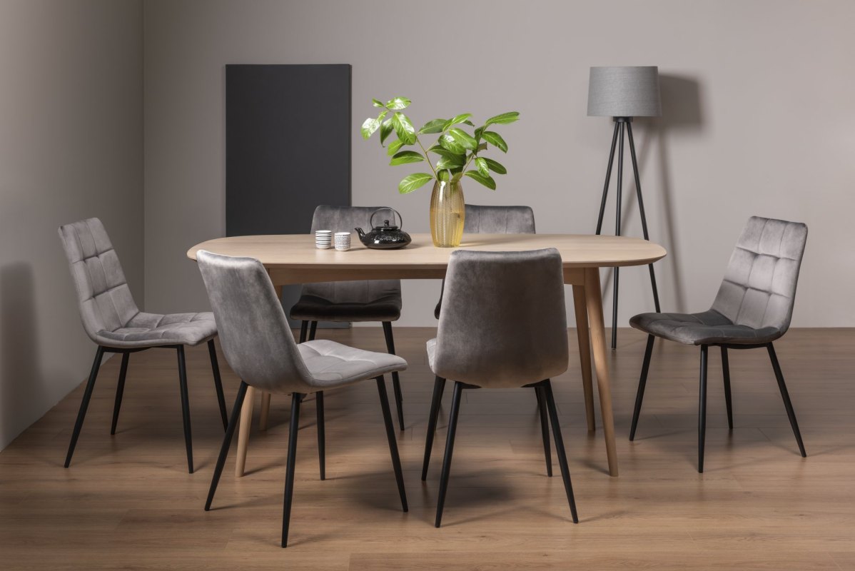 Dansk Scandi Oak 6 Seater Table and 6 Mondrian Grey Velvet Chairs Dansk Scandi Oak 6 Seater Table and 6 Mondrian Grey Velvet Chairs
