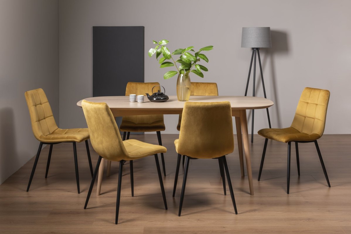 Dansk Scandi Oak 6 Seater Table and 6 Mondrian Mustard Velvet Chairs Dansk Scandi Oak 6 Seater Table and 6 Mondrian Mustard Velvet Chairs