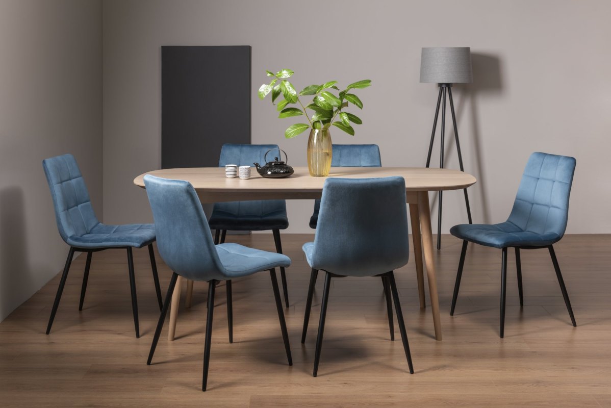 Dansk Scandi Oak 6 Seater Table and 6 Mondrian Petrol Blue Velvet Chairs Dansk Scandi Oak 6 Seater Table and 6 Mondrian Petrol Blue Velvet Chairs
