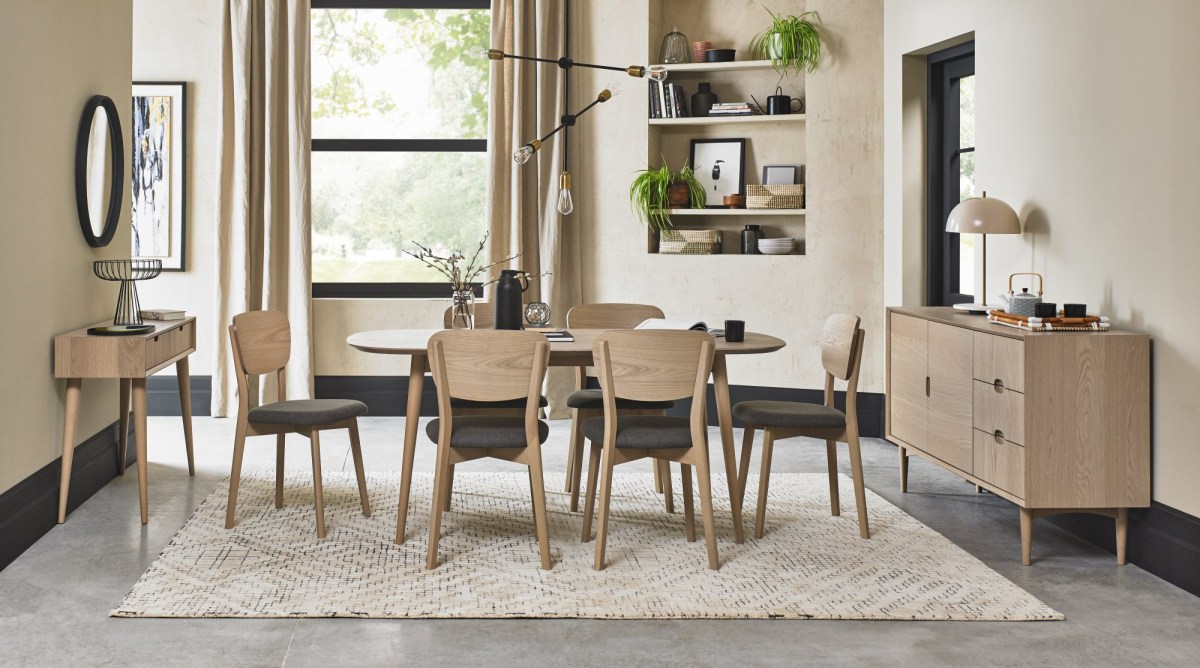 Dansk Scandi Oak 6 Seater Table and 6 Veneer Back Chairs - Cold Steel Fabric Dansk Scandi Oak 6 Seater Table and 6 Veneer Back Chairs - Cold Steel Fabric