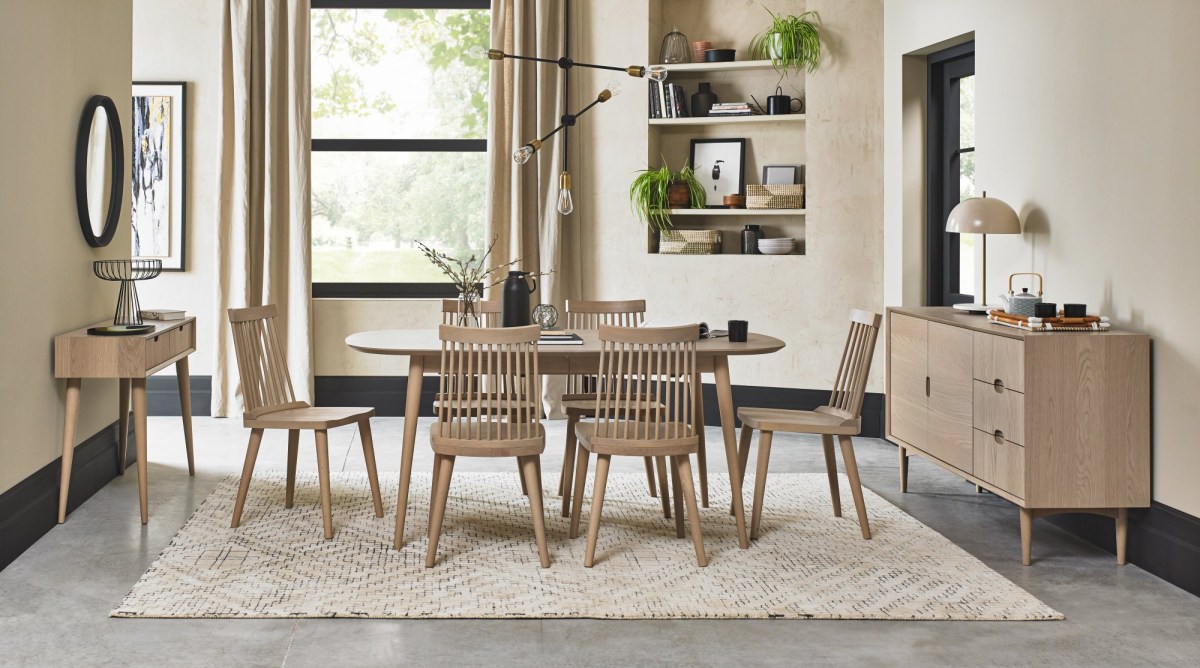 Dansk Scandi Oak 6 Seater Table and 6 Ilva Spindle Chairs in Scandi Oak Dansk Scandi Oak 6 Seater Table and 6 Ilva Spindle Chairs in Scandi Oak