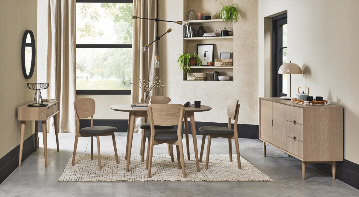 Dansk Scandi Oak 4 Seater Table and 4 Veneer Back Chairs - Cold Steel Fabric Dansk Scandi Oak 4 Seater Table and 4 Veneer Back Chairs - Cold Steel Fabric