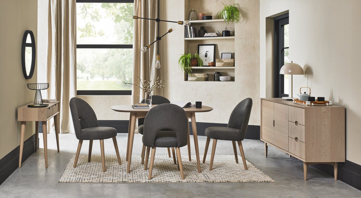 Dansk Scandi Oak 4 Seater Table and 4 Upholstered Chairs - Cold Steel Fabric Dansk Scandi Oak 4 Seater Table and 4 Upholstered Chairs - Cold Steel Fabric