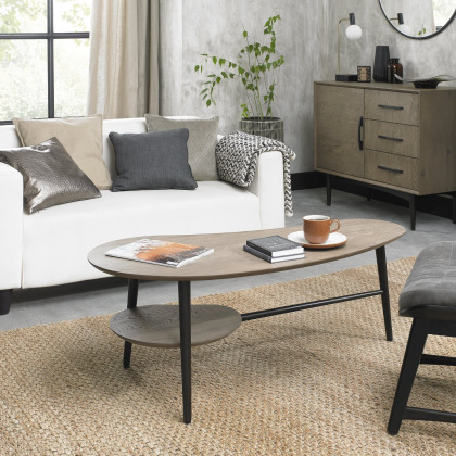 Vintage Weathered Oak Shaped Coffee Table with Shelf