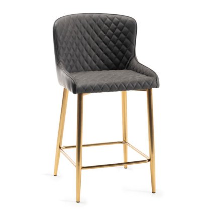 Pair of Cezanne Bar Stools (Dark Grey Faux Leather / Matt Gold Leg) by Bentley Designs