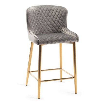 Pair of Cezanne Bar Stools (Grey Velvet / Matt Gold Leg) by Bentley Designs