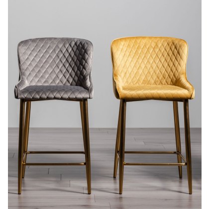 Pair of Cezanne Bar Stools (Petrol Blue Velvet / Matt Gold Leg) by Bentley Designs