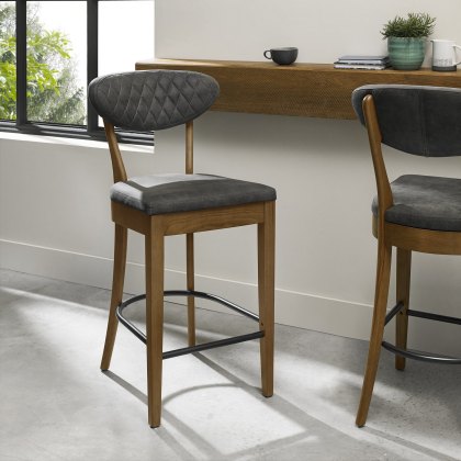 Pair of Ellipse Rustic Oak Bar Stools (Dark Grey Fabric) by Bentley Designs