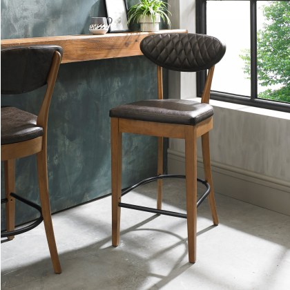Pair of Ellipse Rustic Oak Bar Stools (Old West Vintage Fabric) by Bentley Designs