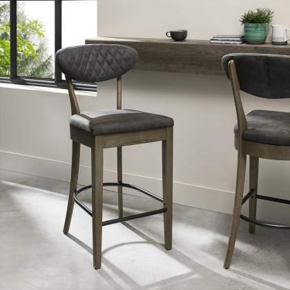 Pair of Ellipse Fumed Oak Bar Stools (Dark Grey Fabric) by Bentley Designs