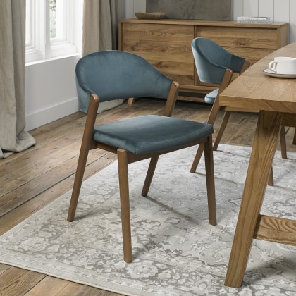 Pair of Regent Rustic Oak Dining Chairs (Azure Velvet) by Bentley Designs