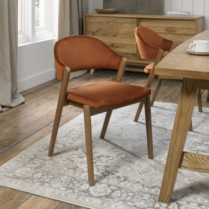 Pair of Regent Rustic Oak Dining Chairs (Rust Velvet) by Bentley Designs