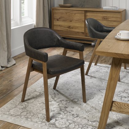 Pair of Regent Rustic Oak Dining Armchairs (Old West Vintage Faux Leather) by Bentley Designs