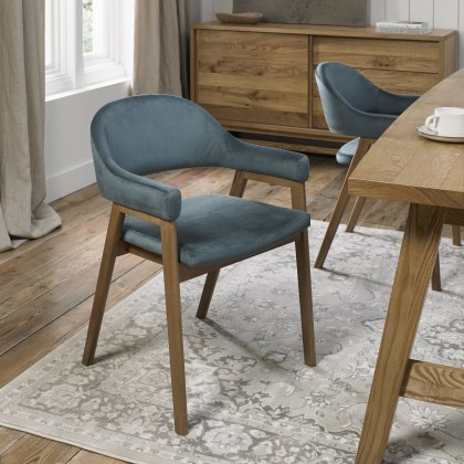 Pair of Regent Rustic Oak Dining Armchairs (Azure Velvet) by Bentley Designs