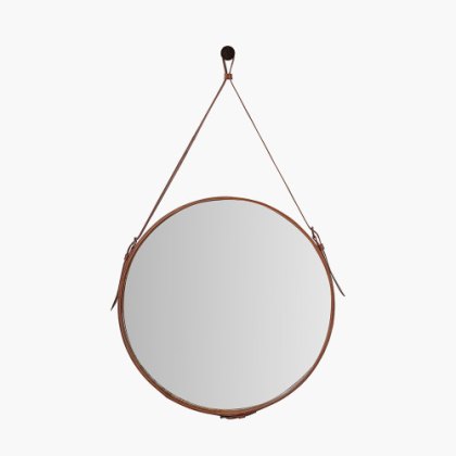 Vintage Brown Leather Frame Round Wall Mirror