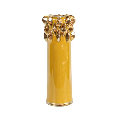 36cm Yellow Ceramic Vase With Chunky Gold Design