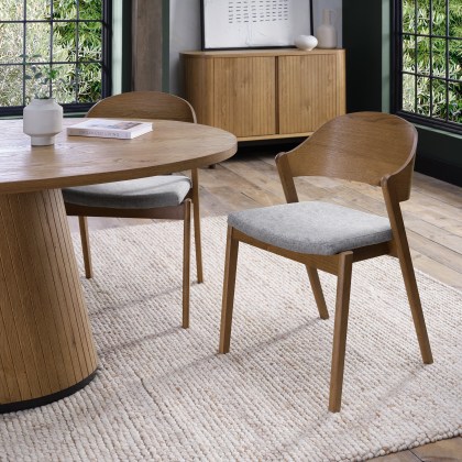 Pair of Luma Rustic Oak Ply Back Dining Chairs - Grey Fabric