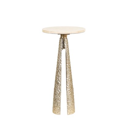 60cm Textured Gold Metal Side Table with Cream Travertine Marble Top