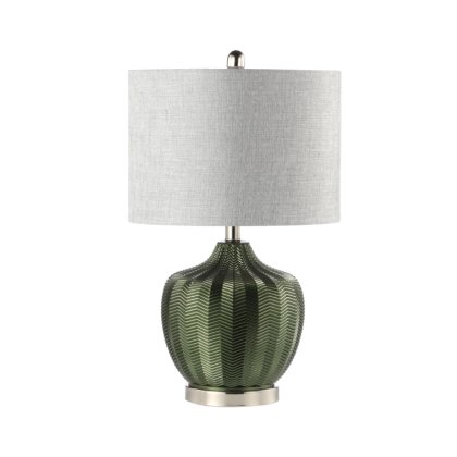 61.5cm Green Ribbed Glass Table Lamp with Grey Linen Shade