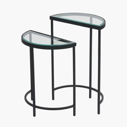 Marazzi S/2 Bevelled Glass & Black Metal Half Moon Side Tables