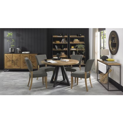 Indus Rustic Oak 4 Seater Circular Table & 4 Indus Upholstered Chairs Set by Bentley Designs