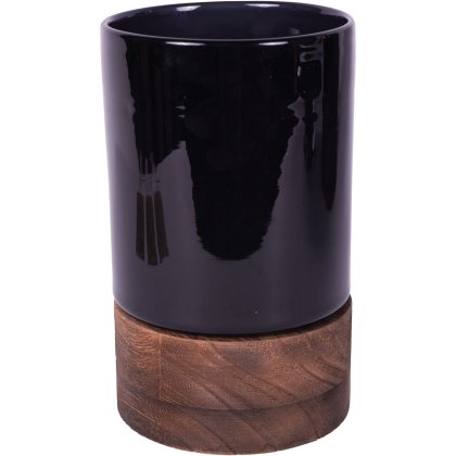 Noir Glass Hurricane With Wooden Base 20.5cm