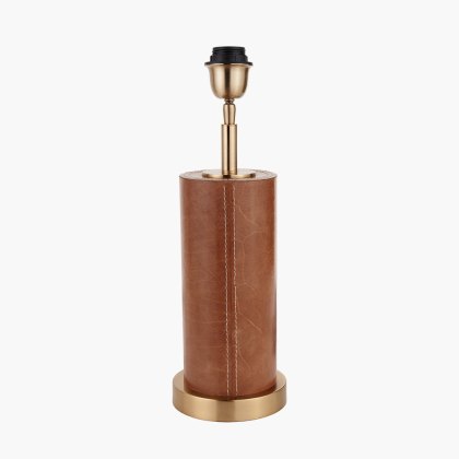 Tan Leather and Brass Cylindrical Table Lamp