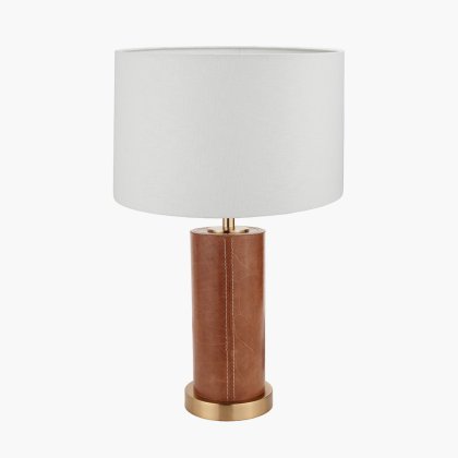 Tan Leather and Brass Cylindrical Table Lamp