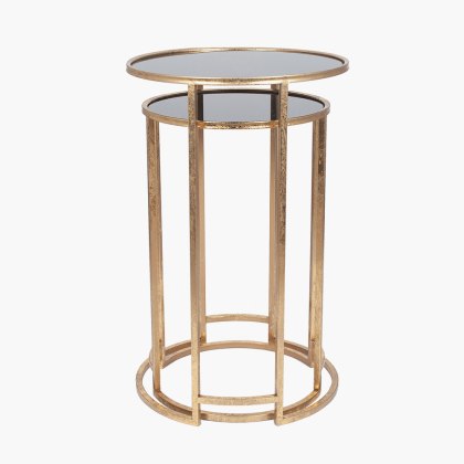 Antique Gold Metal and Black Glass Side Tables