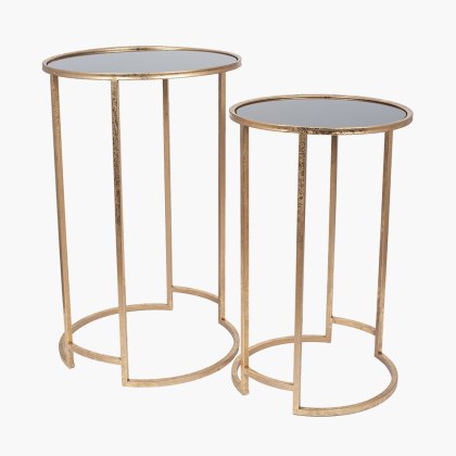 Antique Gold Metal and Black Glass Side Tables