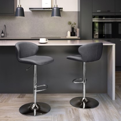 Rosano Gas-Lift Bar Stool (Dark Grey Faux Leather & Chrome Base) by Bentley Designs