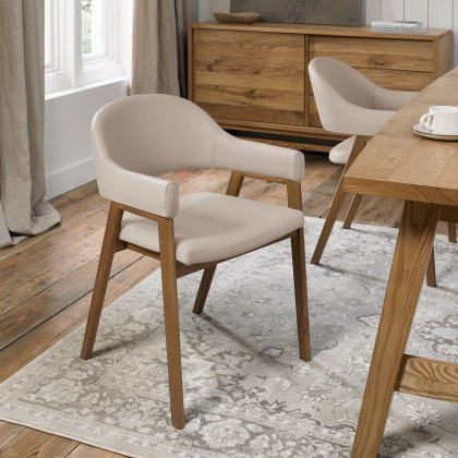 Camden Rustic Oak Upholstered Dining Armchairs - Ivory Bonded Leather (Pair) by Bentley Designs