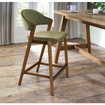 Camden Rustic Oak Upholstered Bar Stool - Cedar Velvet Fabric (Single) by Bentley Designs