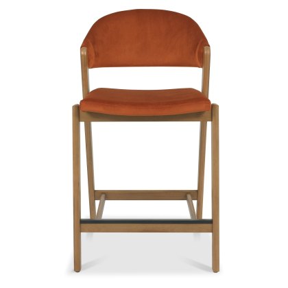 Camden Rustic Oak Upholstered Bar Stool - Rust Velvet Fabric (Single) by Bentley Designs