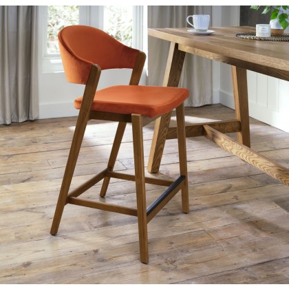 Camden Rustic Oak Upholstered Bar Stool - Rust Velvet Fabric (Single) by Bentley Designs