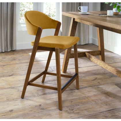Camden Rustic Oak Upholstered Bar Stool - Mustard Velvet Fabric (Single) by Bentley Designs