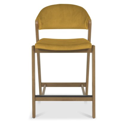 Camden Rustic Oak Upholstered Bar Stool - Mustard Velvet Fabric (Single) by Bentley Designs