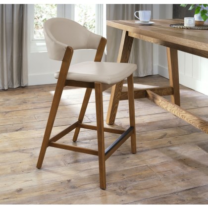 Camden Rustic Oak Upholstered Bar Stool - Ivory Bonded Leather (Single) by Bentley Designs