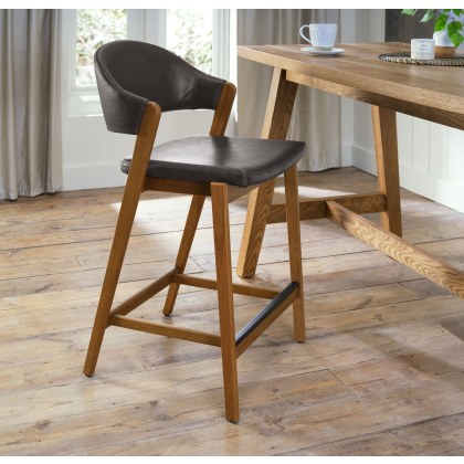 Camden Rustic Oak Upholstered Bar Stool - Old West Vintage Bonded Leather (Single)