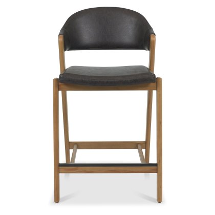Camden Rustic Oak Upholstered Bar Stool - Old West Vintage Bonded Leather (Single)