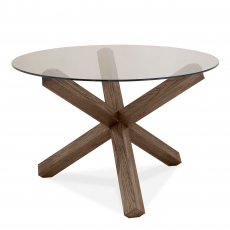 Turin Dark Oak Round Glass Top Dining Table by Bentley Designs