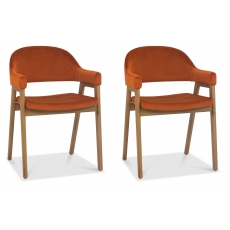 Pair of Regent Rustic Oak Dining Armchairs (Rust Velvet) by Bentley Designs