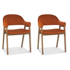 Pair of Regent Rustic Oak Dining Armchairs (Rust Velvet) by Bentley Designs