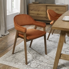 Pair of Regent Rustic Oak Dining Armchairs (Rust Velvet) by Bentley Designs